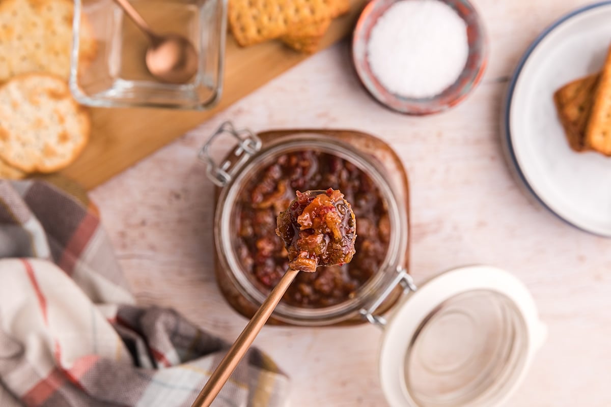 overhead shot of spoon full of bacon jam