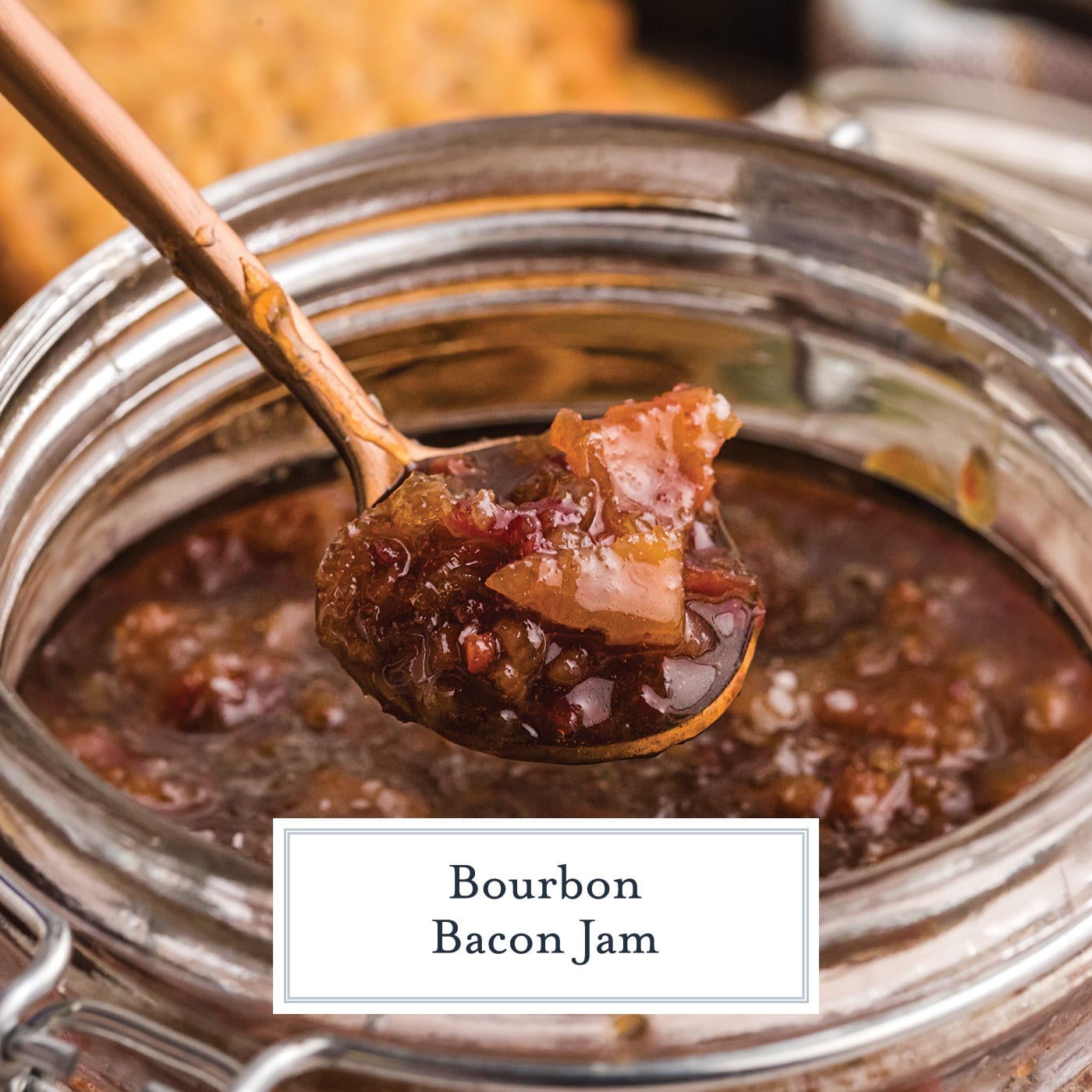 angled shot of bacon jam on spoon with text overlay for facebook