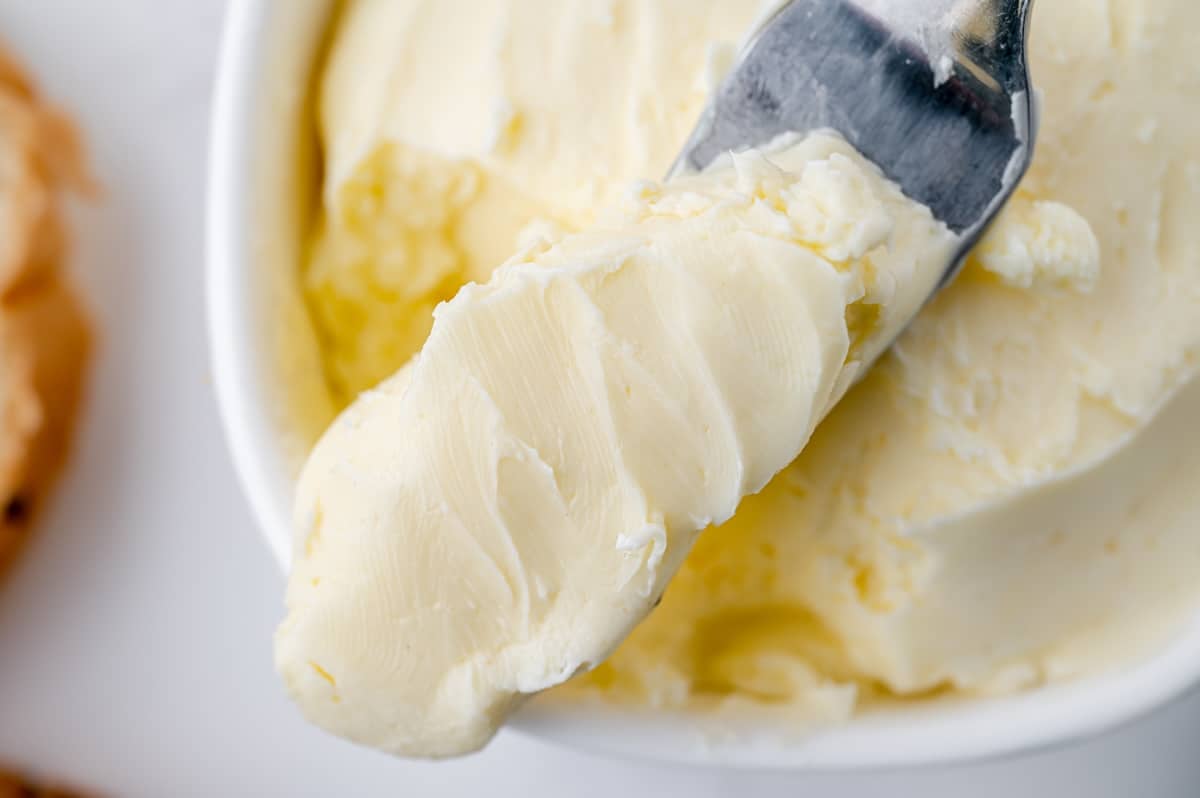 close up shot of butter on a knife