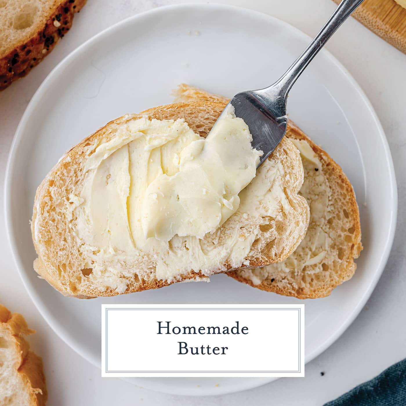 knife spreading homemade butter onto bread with text overlay for facebook