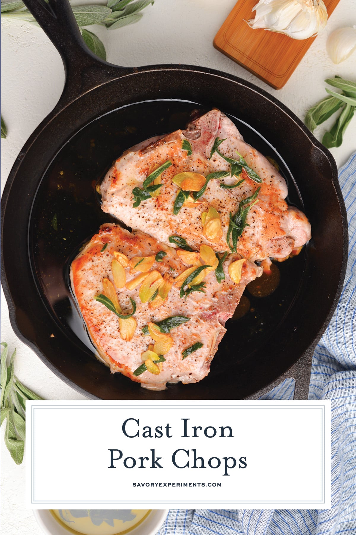 text overlay on pork chops in cast iron pan with butter and sage
