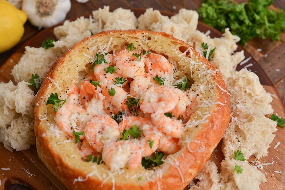 angle of shrimp in a bread bowl with cheese