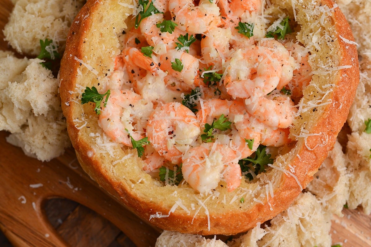 overhead of creamy shrimp scampi dish