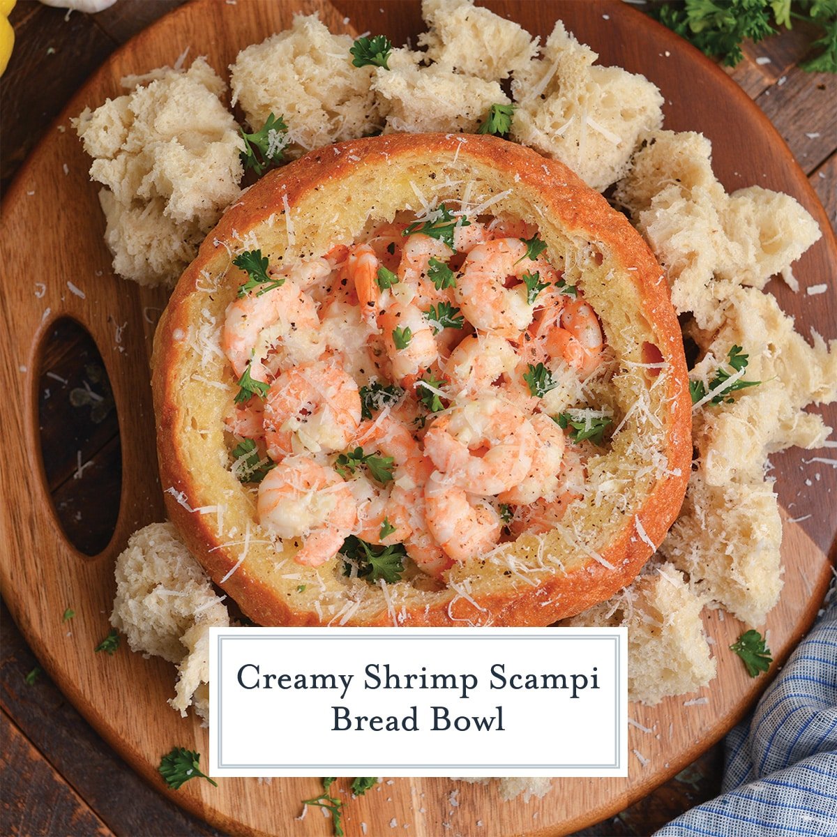 close up of shrimp scampi recipe in a bread bowl