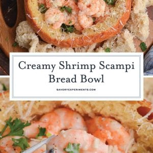 collage of creamy shrimp scampi bread bowl
