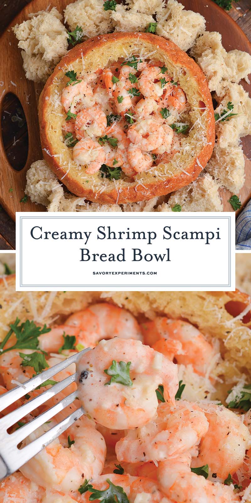 collage of creamy shrimp scampi bread bowl