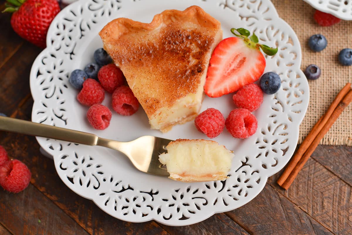 overhead shot of bite of sugar cream pie on fork