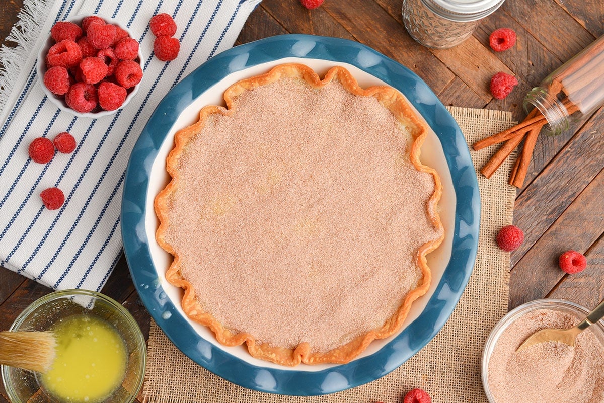 overhead shot of spice blend sprinkled onto pie