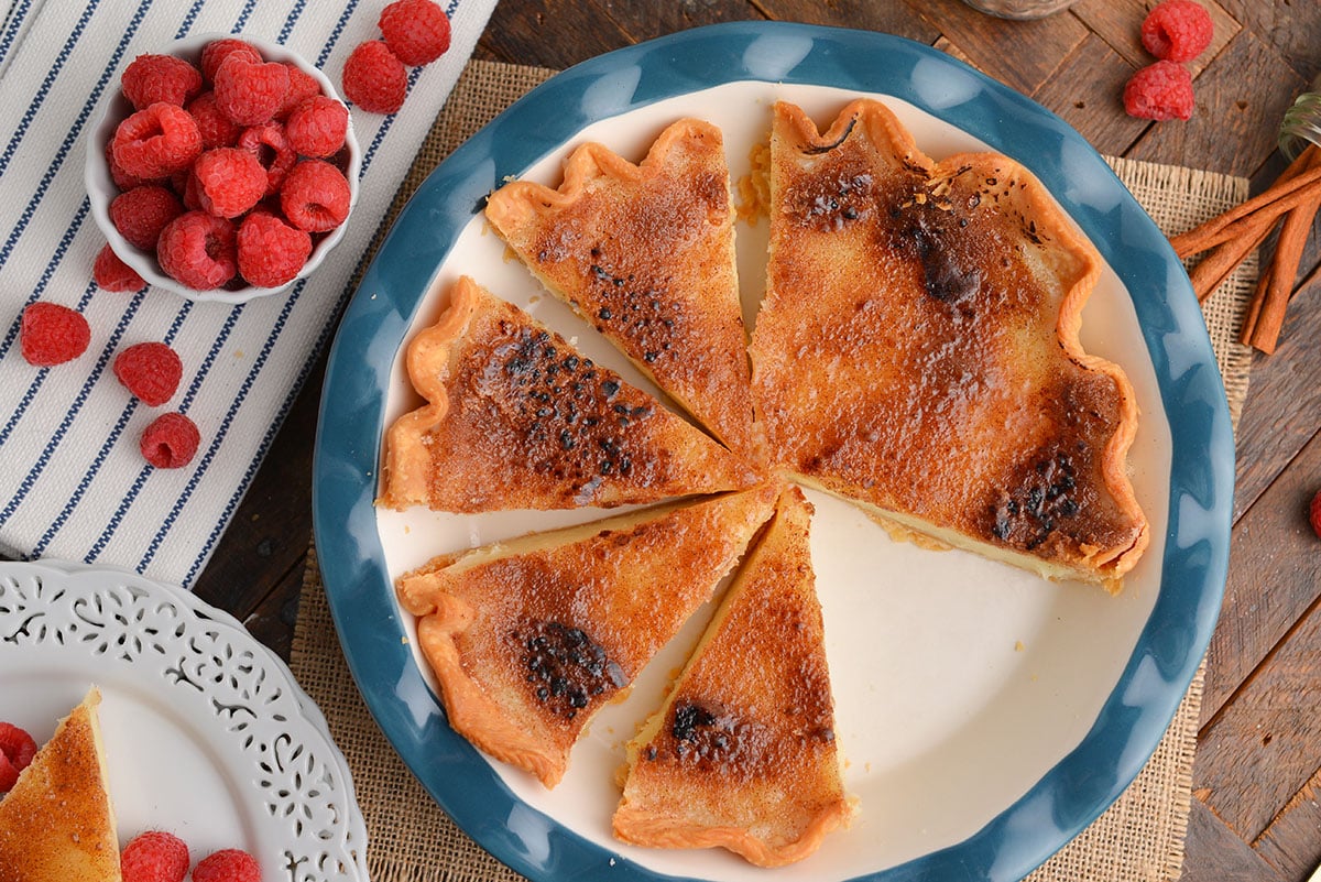 overhead shot of sliced sugar cream pie