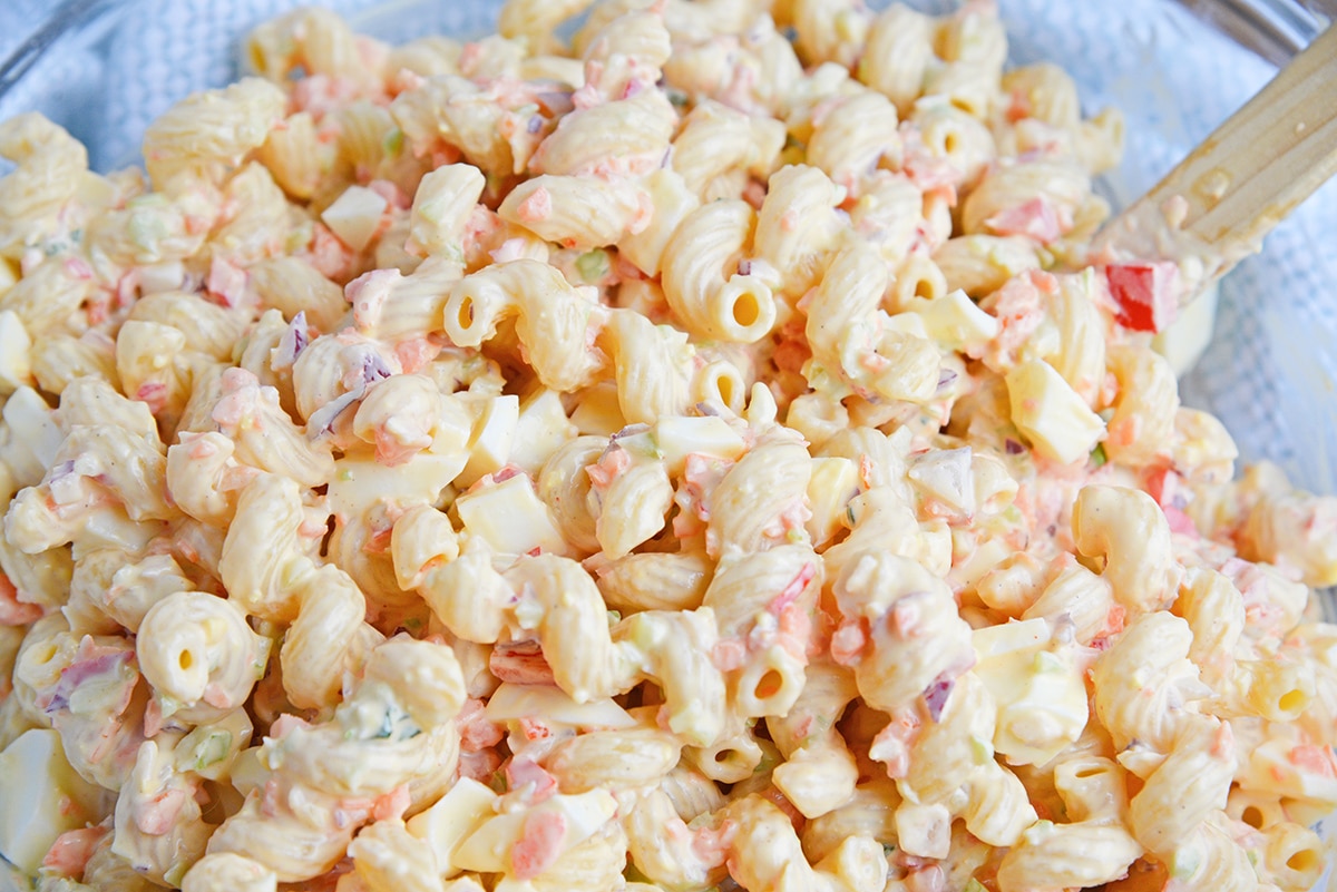 close up of tossed deviled egg pasta salad recipe