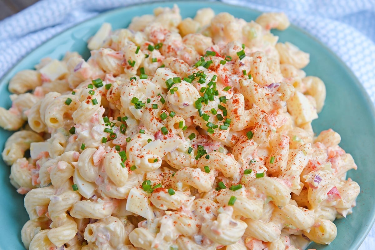 angle close up of creamy macaroni salad