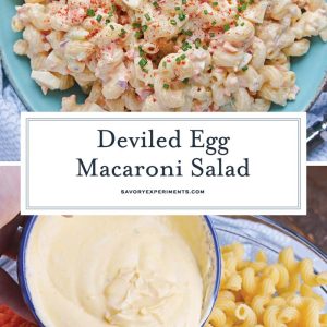 collage of deviled egg macaroni salad recipe for pinterest