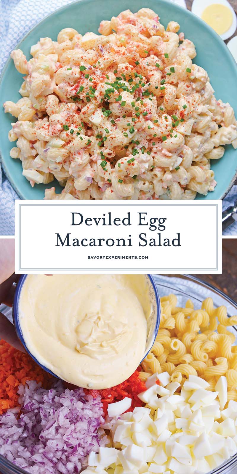 collage of deviled egg macaroni salad recipe for pinterest