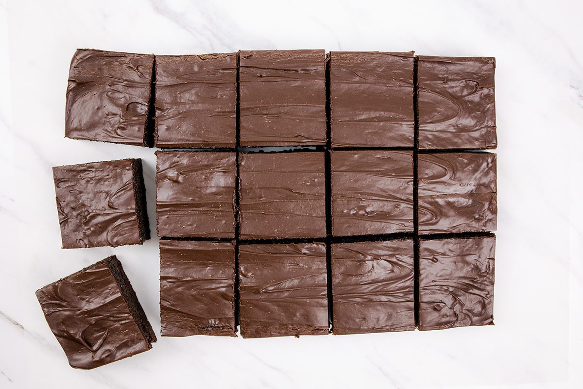 overhead shot of sliced fudgy brownies