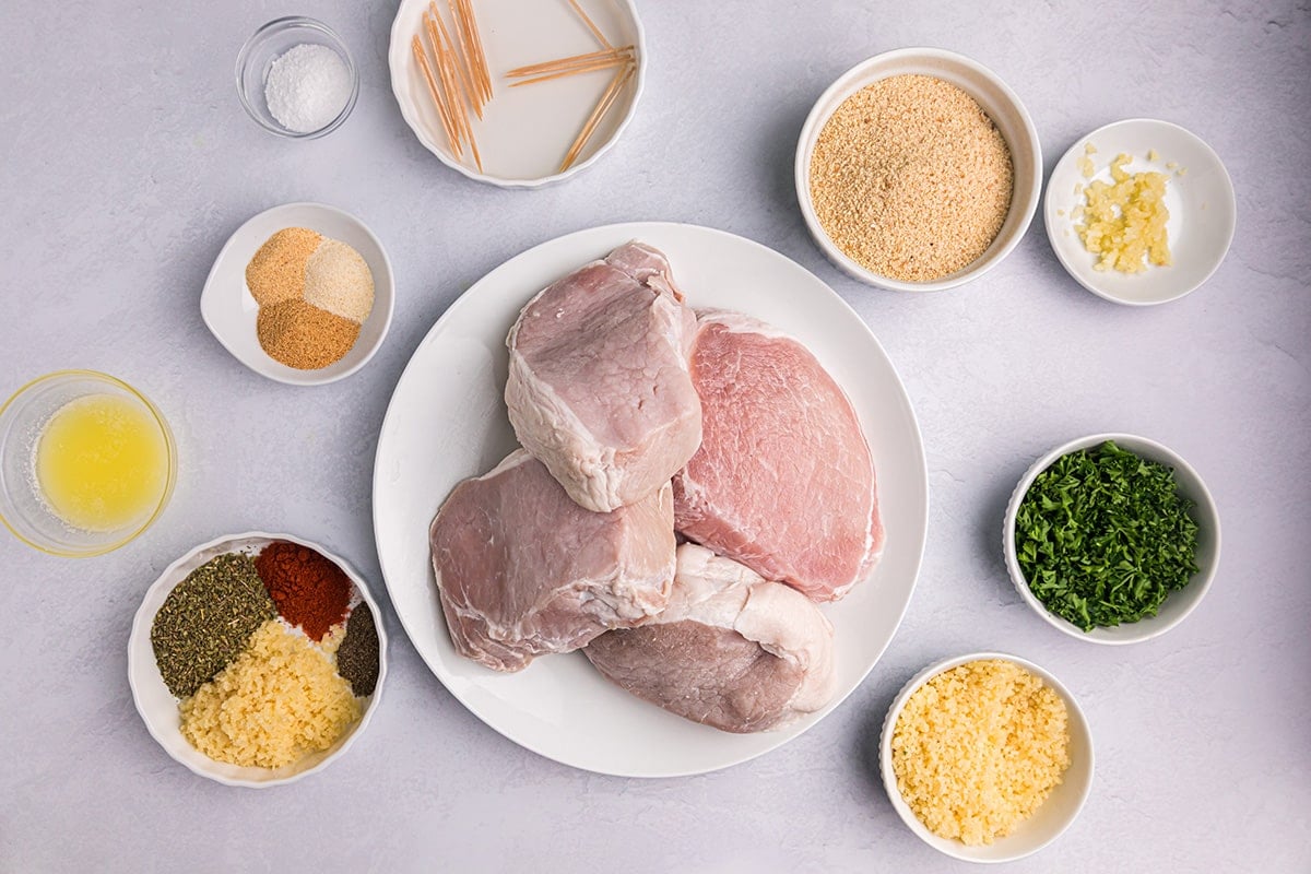 overhead shot of grilled stuffed pork chops ingredients