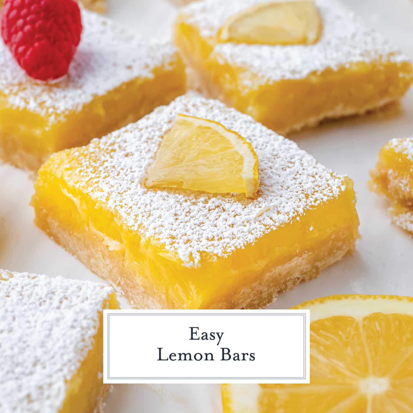 angled shot of lemon bar with text overlay for facebook