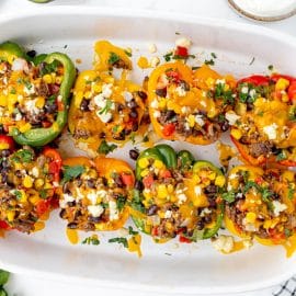 overhead shot of baked mexican stuffed peppers