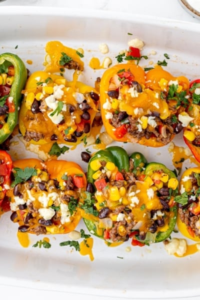 overhead shot of baked mexican stuffed peppers