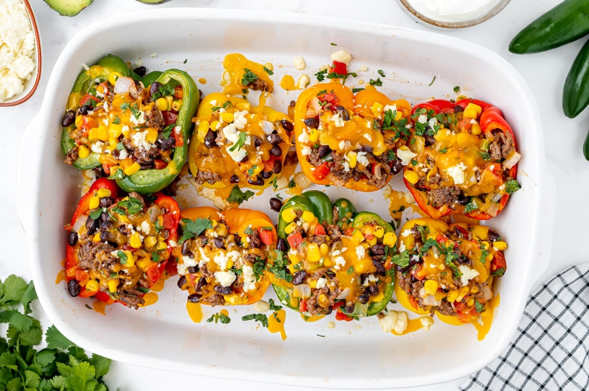 overhead shot of baked mexican stuffed peppers