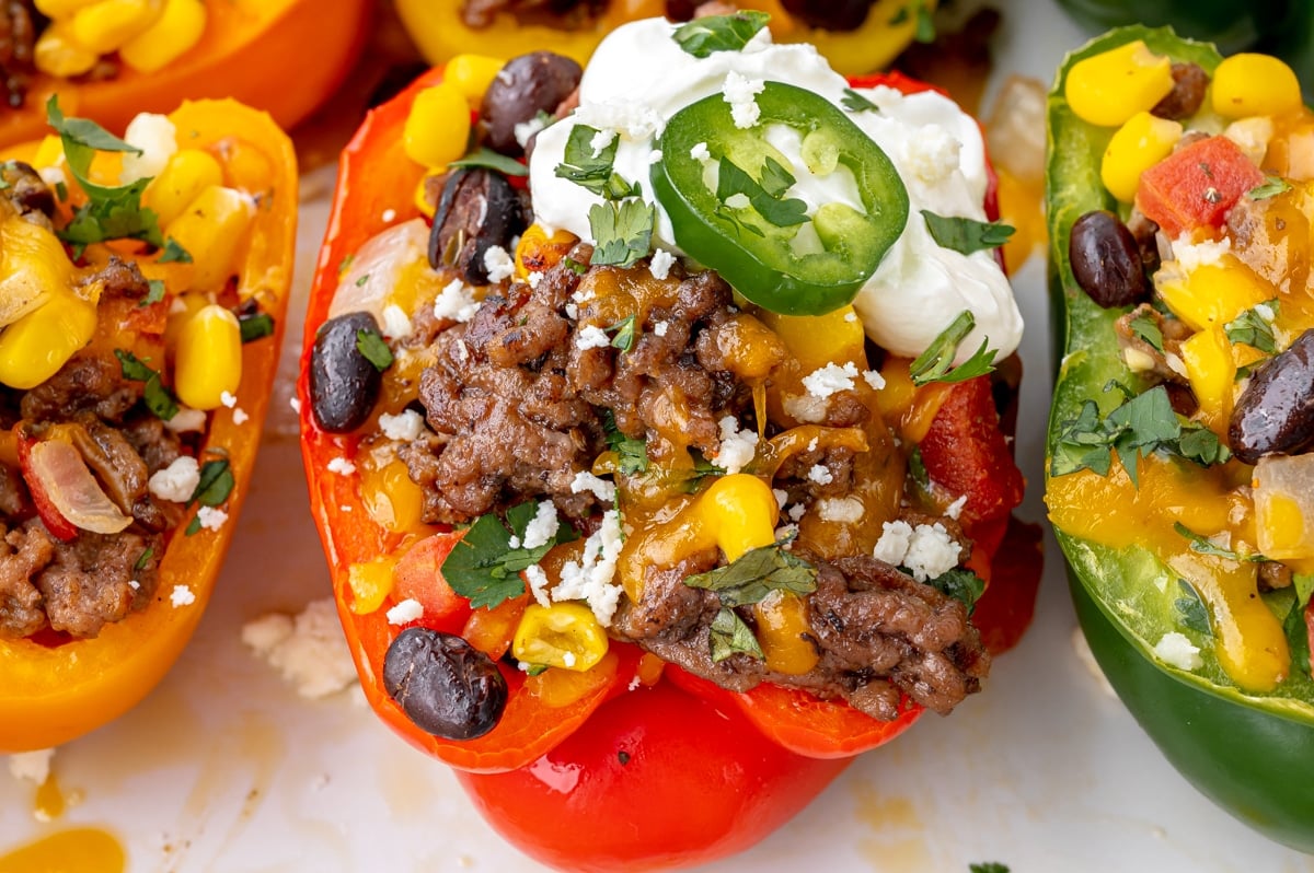 close up overhead shot of mexican stuffed peppers