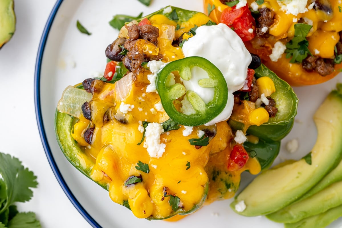 overhead shot of mexican stuffed pepper on a plate