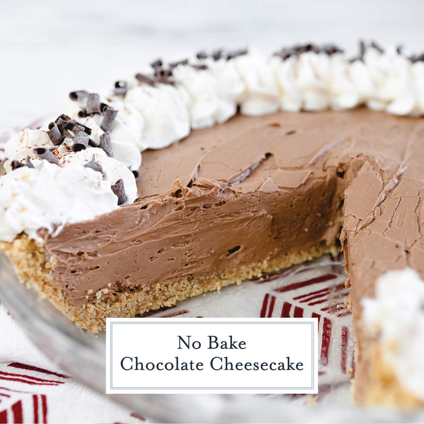 slice cut out of no bake chocolate cheesecake with text overlay for facebook
