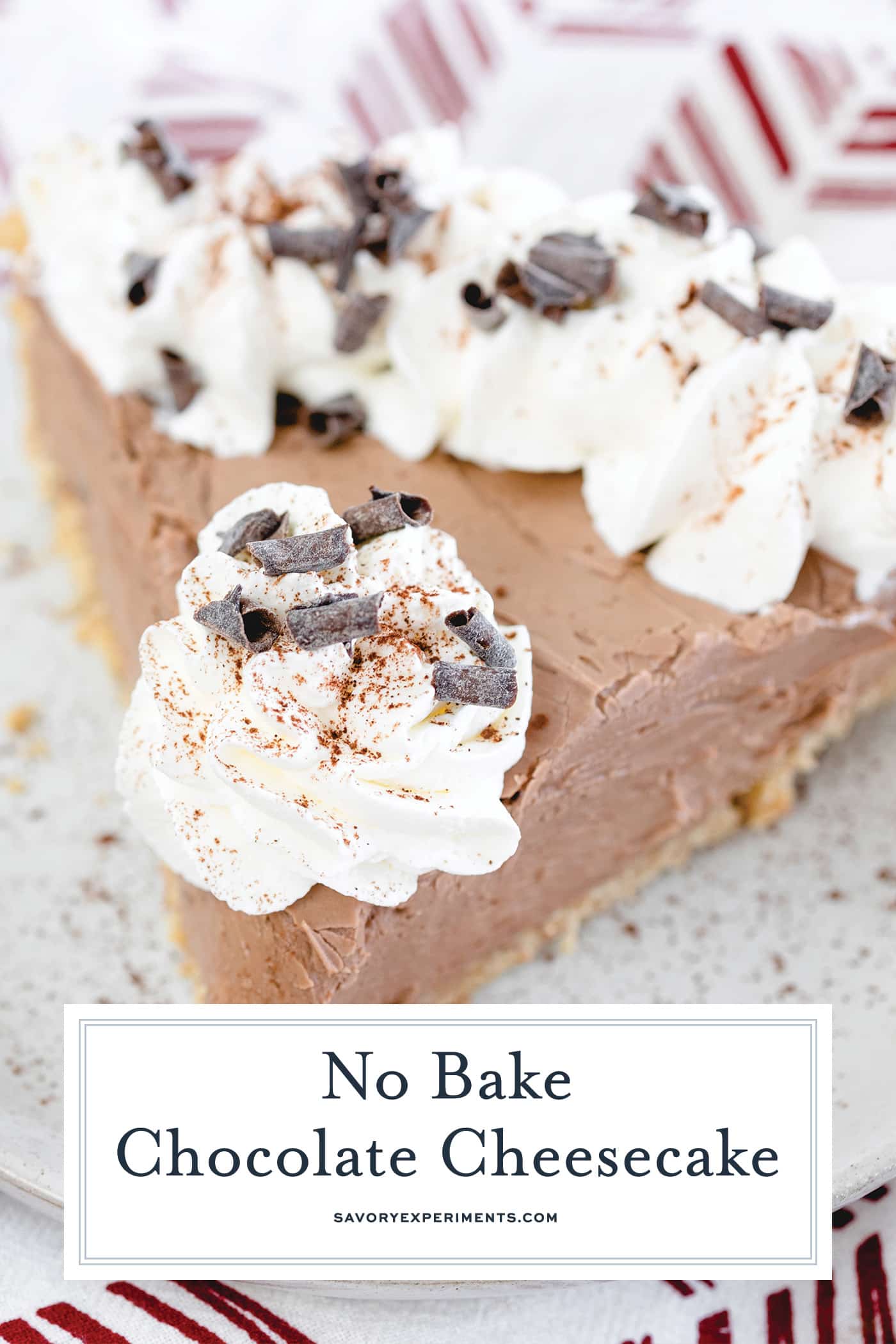 close up of slice of no bake chocolate cheesecake with text overlay for pinterest