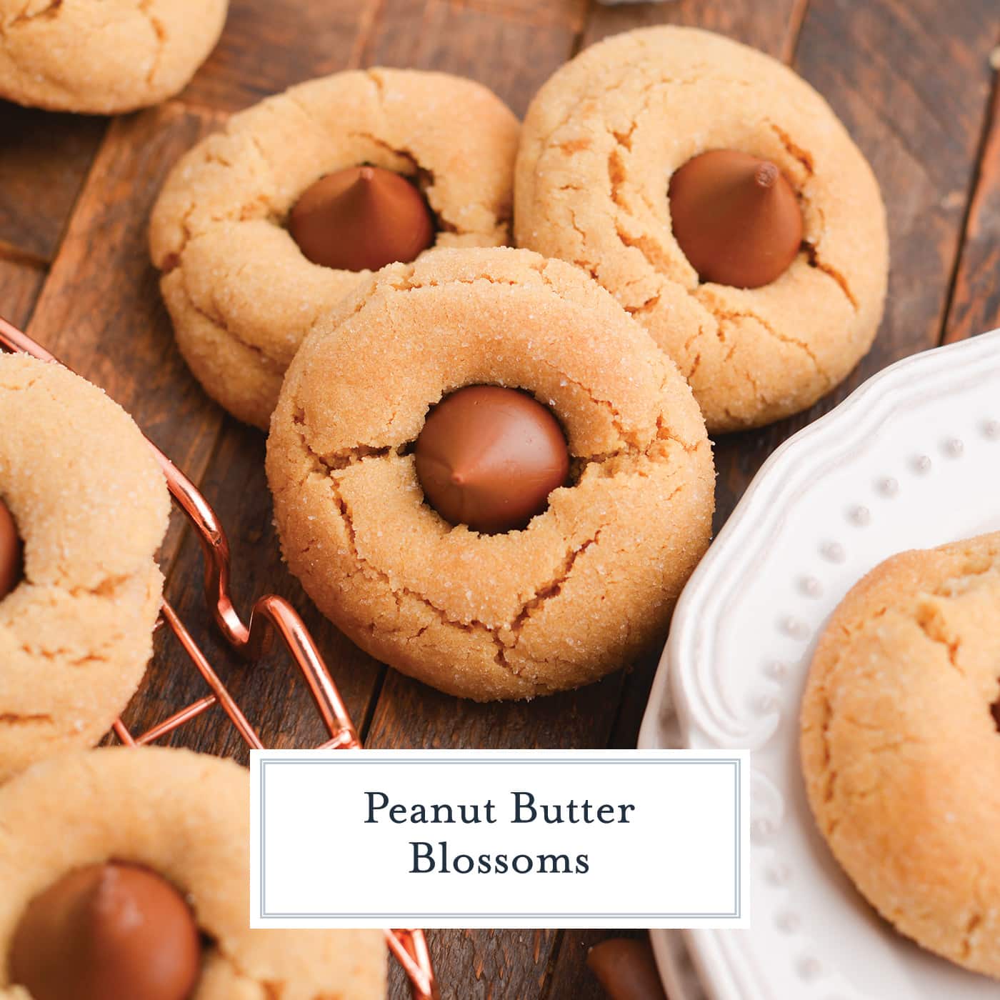 angled shot of three peanut butter blossom cookies with text overlay for facebook