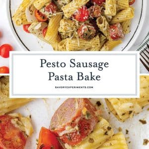 collage of pesto pasta bake for pinterest