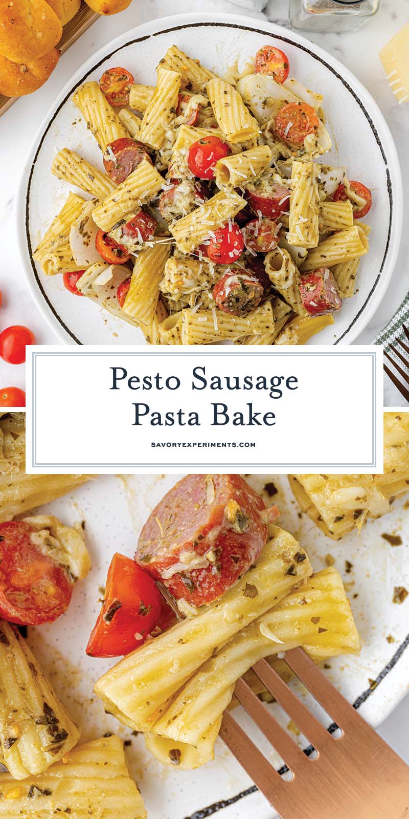 collage of pesto pasta bake for pinterest