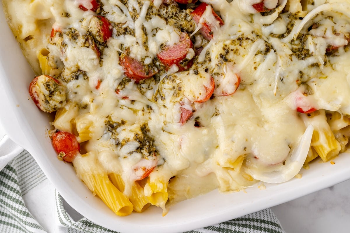 close up overhead shot of corner of pest pasta bake in dish