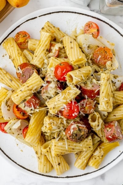 overhead shot of plate of sausage pasta bake