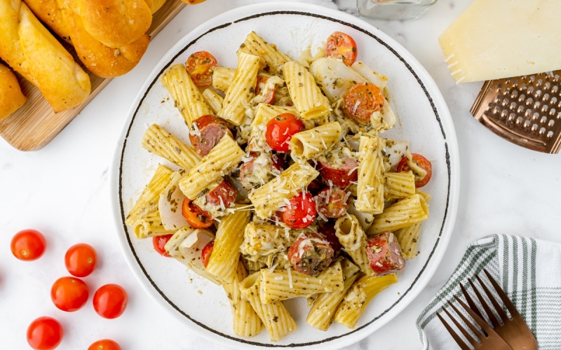 overhead shot of plate of sausage pasta bake