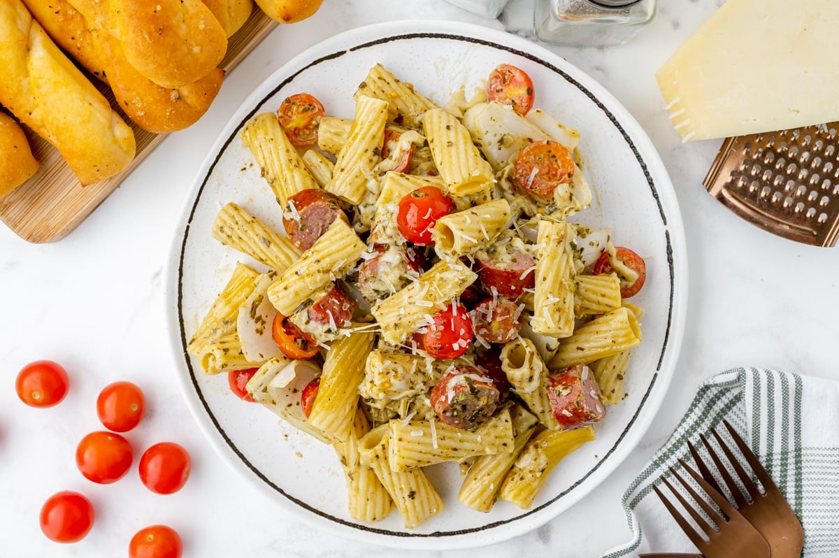 overhead shot of plate of sausage pasta bake