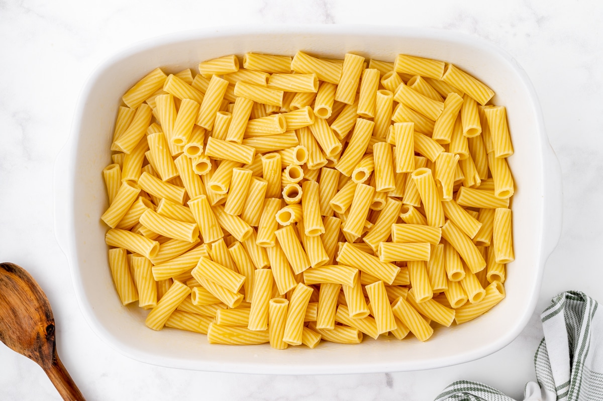 cooked pasta in baking dish