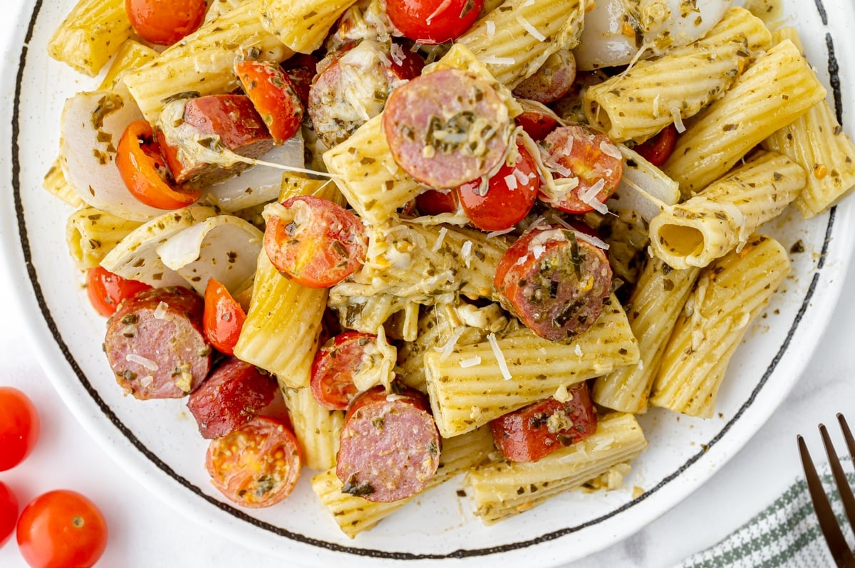 overhead shot of sausage pasta bake on plate