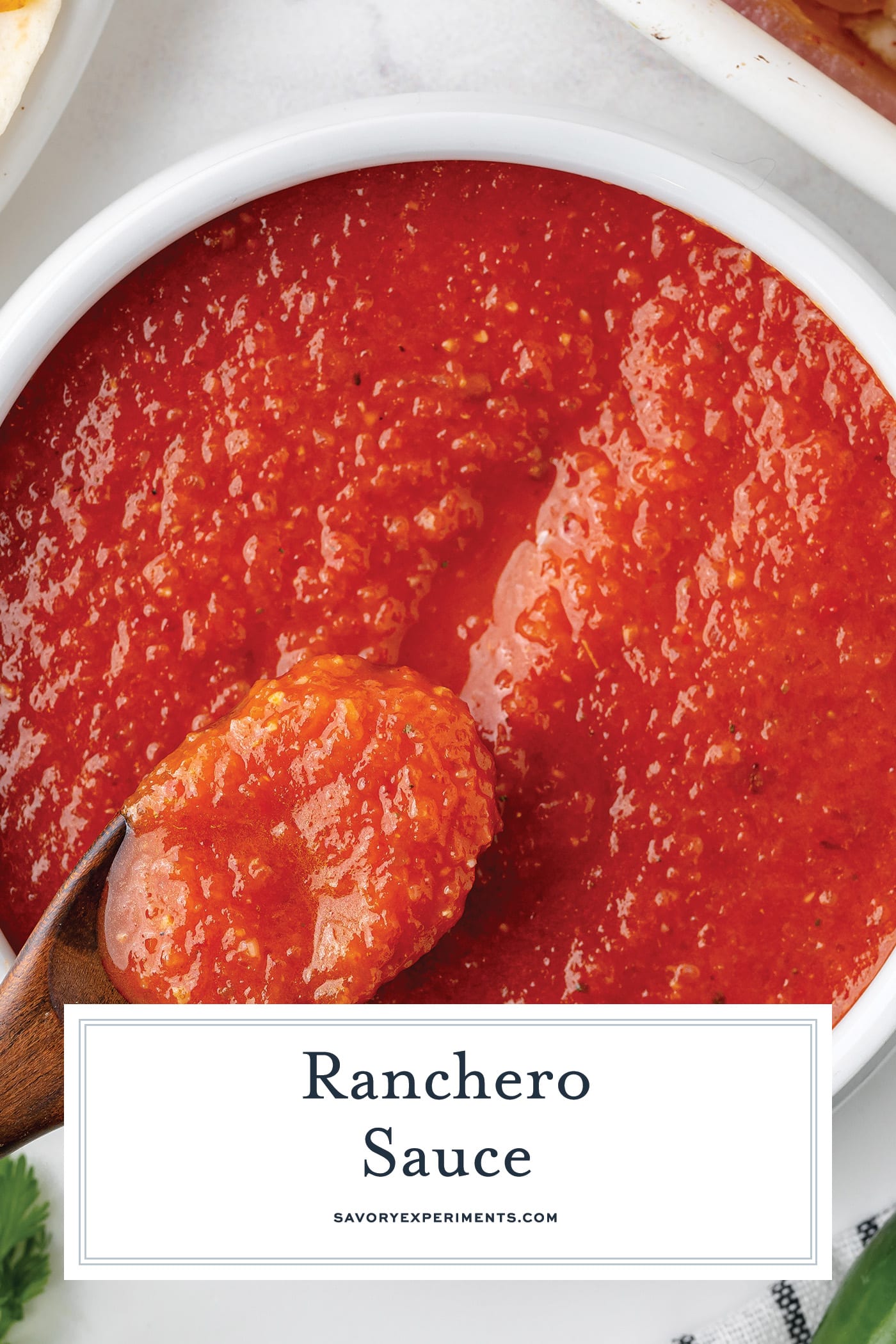 overhead shot of bowl of ranchero sauce with text overlay for pinterest