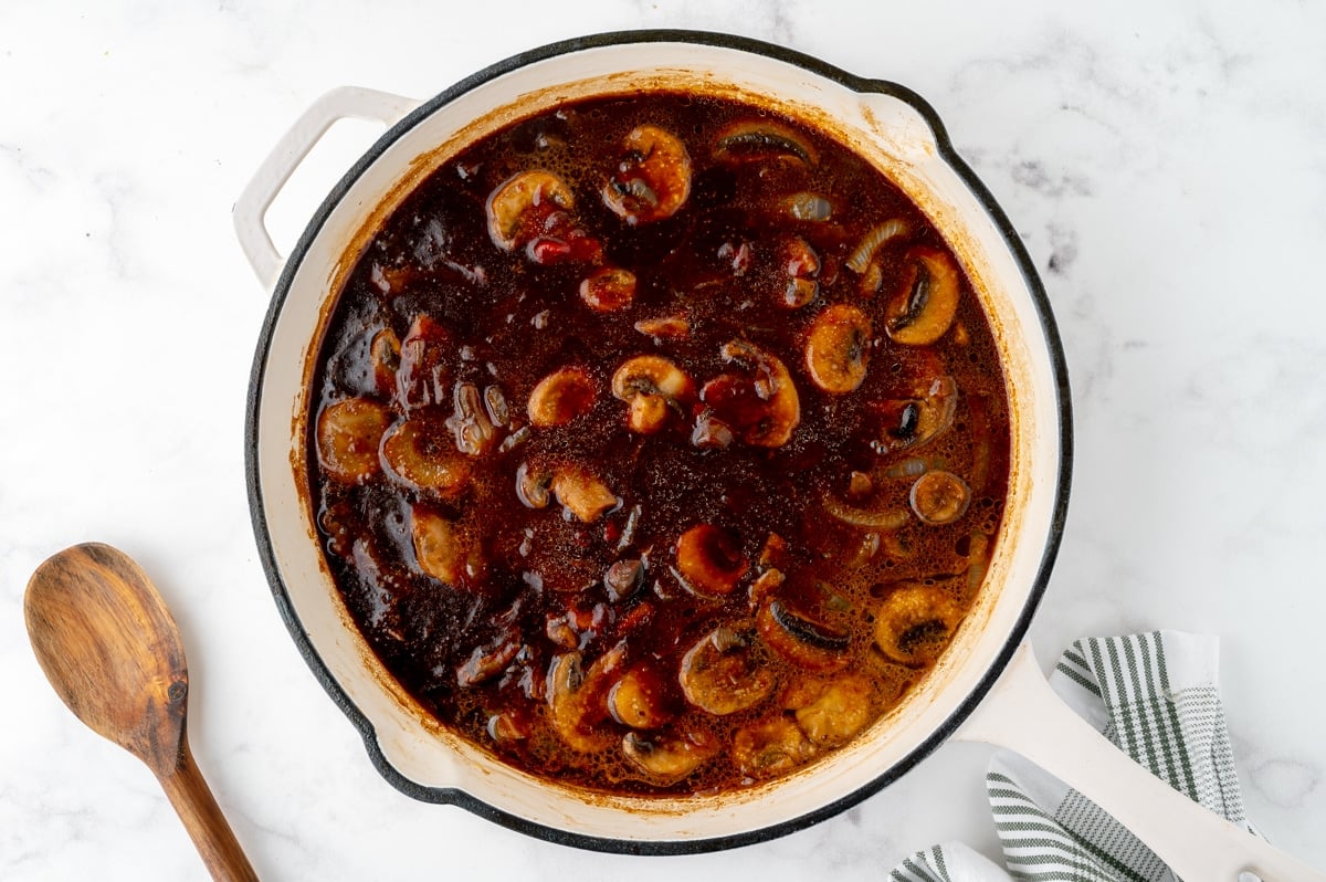 mushroom gravy in a skillet