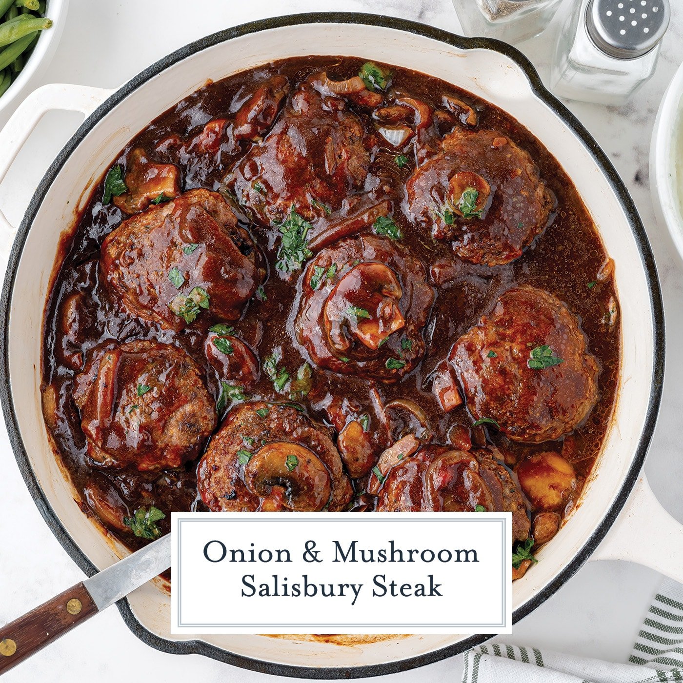 overhead shot of pan of salisbury steak with text overlay for facebook