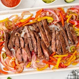 overhead shot of sheet pan steak fajitas