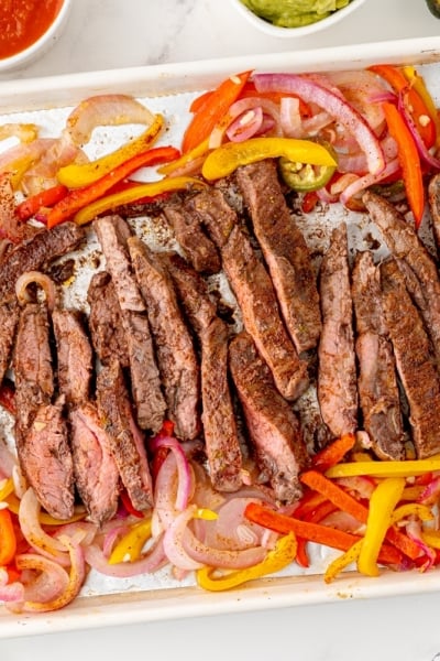 overhead shot of sheet pan steak fajitas