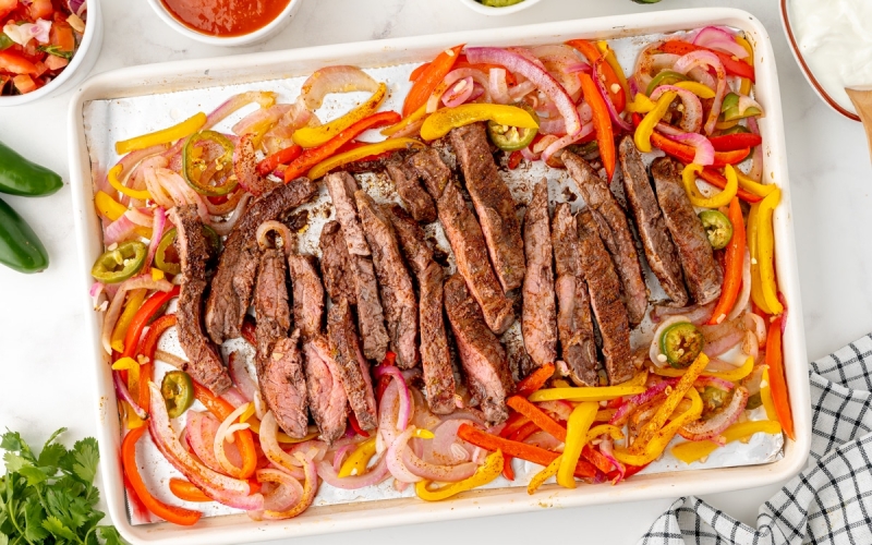 overhead shot of sheet pan steak fajitas