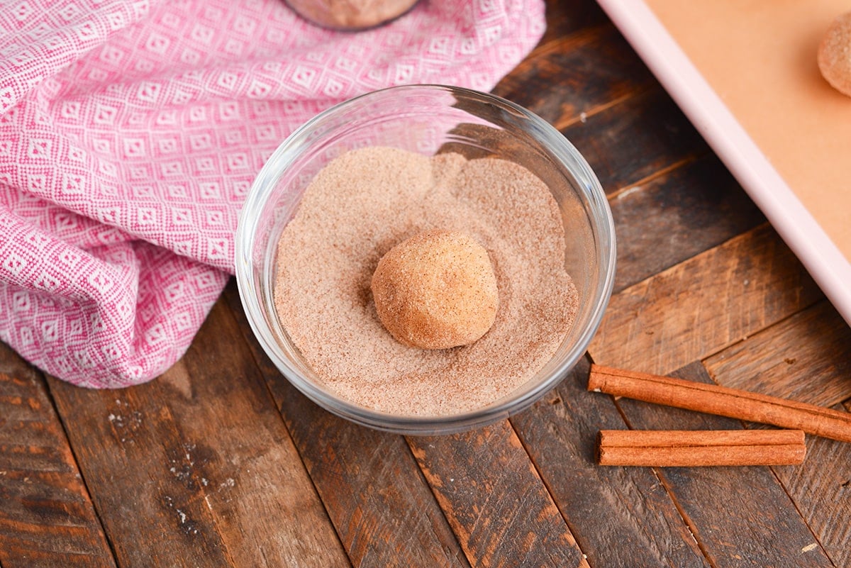 snickerdoodles cookie dough ball in bowl of cinnamon sugar