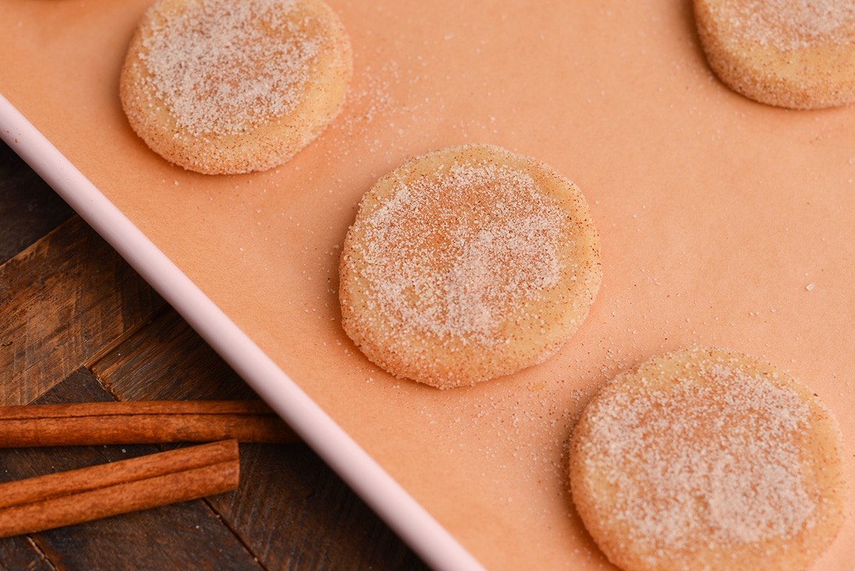 cookie dough sprinkled with cinnamon sugar on a sheet pan