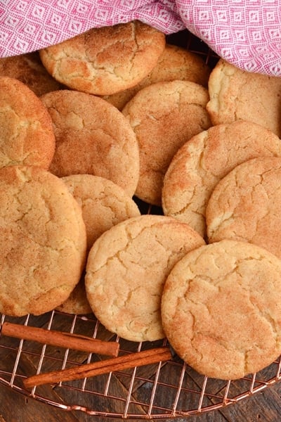 overhead shot of pile of snickerdoodle cookies on cooling rack