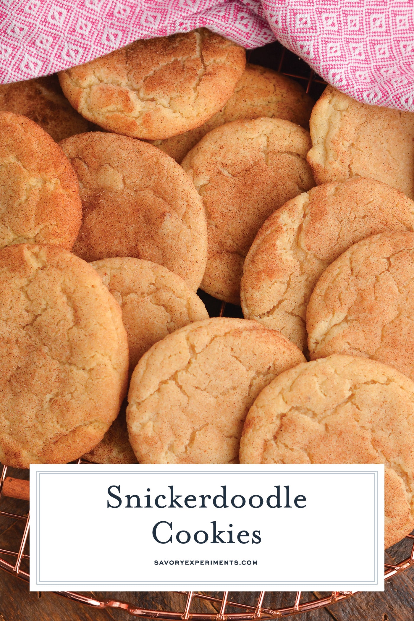 overhead shot of pile of snickerdoodles with text overlay for pinterest