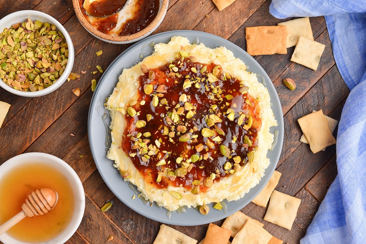 overhead shot of whipped brie on a plate