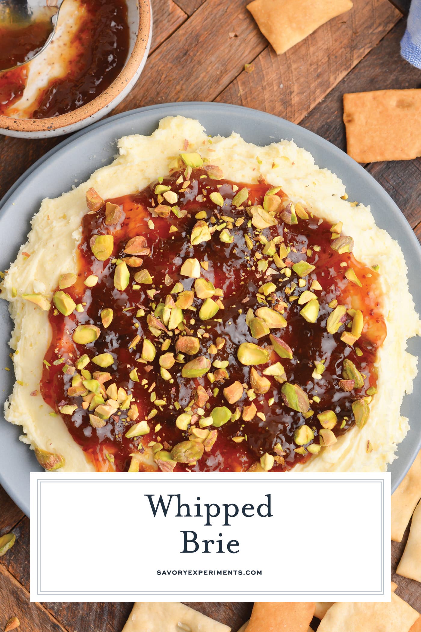 overhead shot of whipped brie with text overlay for pinterest