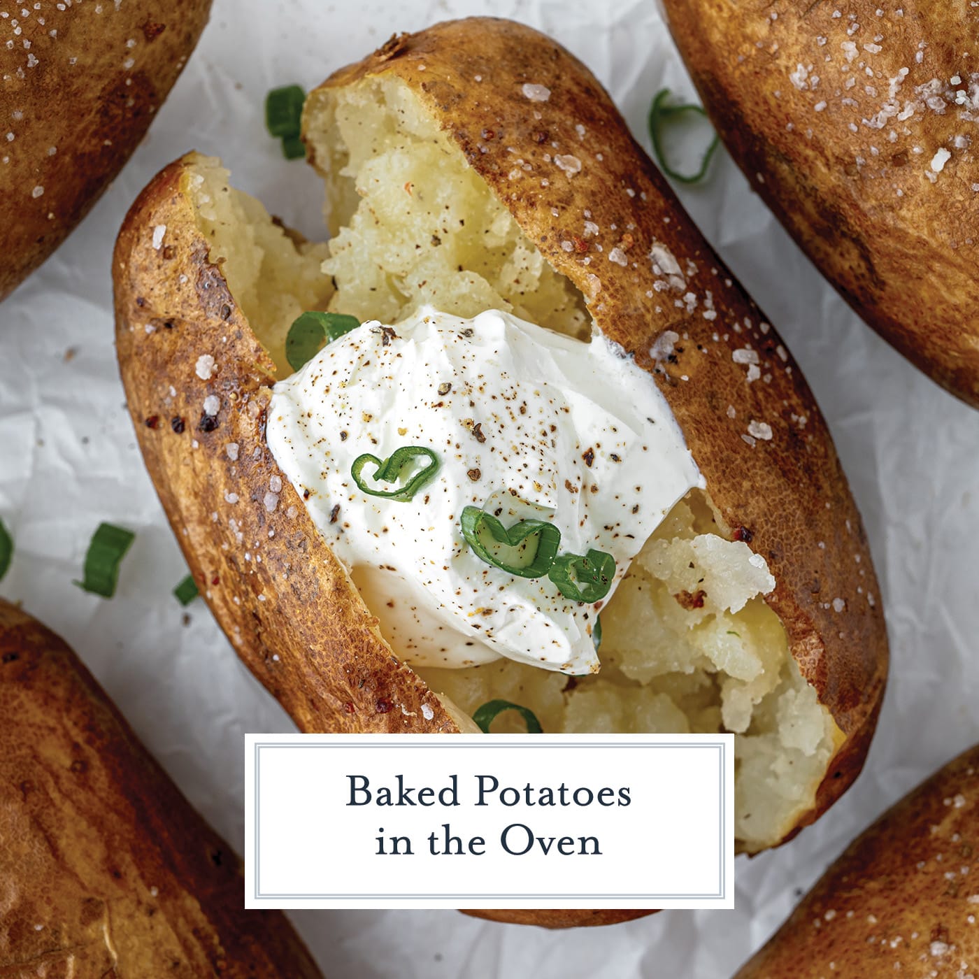 overhead shot of baked potato in oven with text overlay for facebook