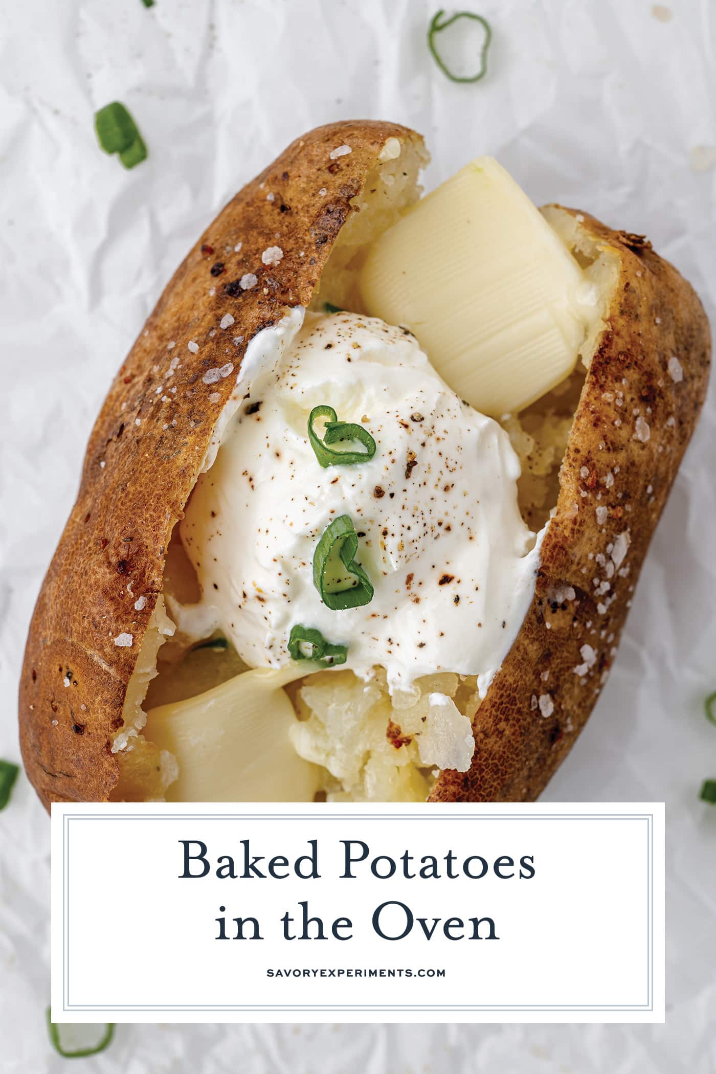 overhead shot of baked potato in oven with text overlay for pinterest
